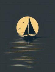 Aufkleber - A minimalist illustration depicting a sailboat silhouette against a full moon, with a calm sea in the background. Generative AI