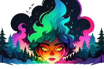 Wall Mural - Vibrant illustrated portrait of a girl with glowing eyes and colorful hair emerging from a mystical forest, perfect for character design, fantasy projects, and magical branding.