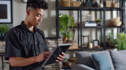 young professional using a tablet to follow a workout video in a modern living room