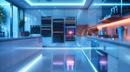 Fototapete - Futuristic tech in the kitchen, smart kitchen gadgets, social media, streaming. Generative AI.