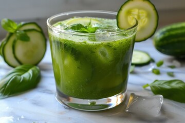 Vibrant green smoothie with cucumber and basil leaves, served with ice on a chic marble countertop