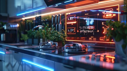 Fototapete - Futuristic tech in the kitchen, smart kitchen gadgets, social media, streaming. Generative AI.