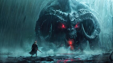 a brave warrior confronts a menacing demon-like creature with glowing red eyes and formidable tusks 