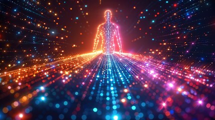 fun, bright colorful, realistic futuristic neon lights illustration of body absorbing energy wealth 