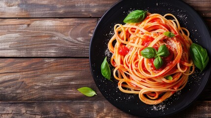 Sticker - Top view of pasta with tomato sauce and basil on black slate plate against wooden backdrop