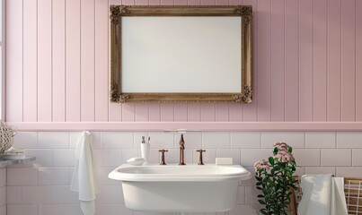 bright bathroom with a blank frame above the sink