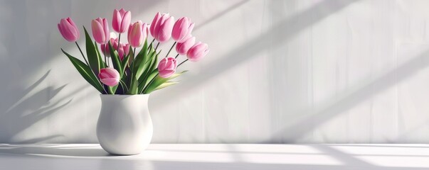 Wall Mural - Pink tulips in a white vase on a sunlit table, minimalist home decor