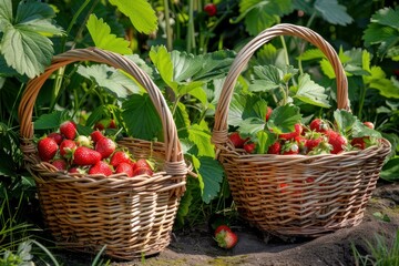 Wall Mural - Two baskets full of ripe strawberries amidst green leaves in a sunlit garden