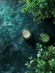 Wall Mural - Closeup Jar of cosmetic cream and green plant leaves on dark green water background, top view, copy space. Moisturizing organic plant based beauty cream. generative ai