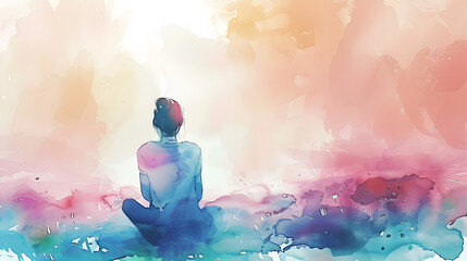 Wall Mural - serene watercolor illustration promoting mindfulness and selfcare calming meditation art with soothi