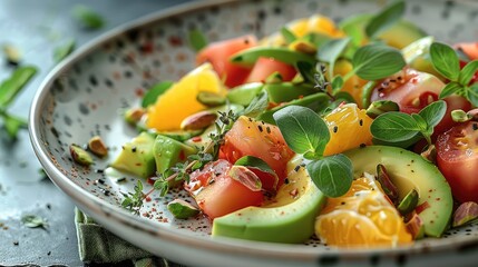 Poster - A avocado salad, vibrant colors, juicy citrus pieces, creamy avocado, pistachios, Tarragon leaves, in elegant modern kitchen. Generative AI.