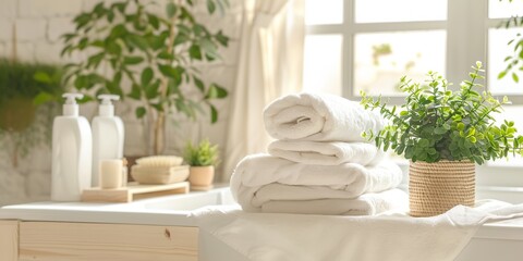 Wall Mural - A bathroom with a white towel on top of a sink. The towel is folded and there are two bottles on the counter