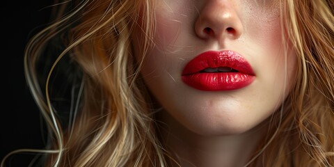 Wall Mural - A woman with long blonde hair and red lipstick. The image is of a close up of her face