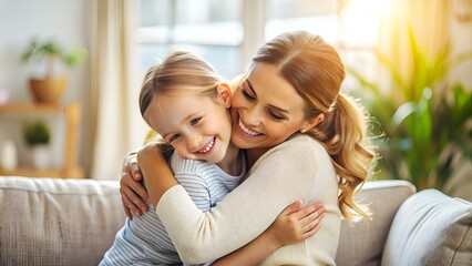 mom and her cute little daughter hugging at home