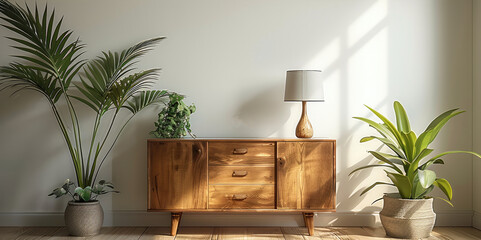 Poster - Minimalist retro sideboard, lamp and plants, white wall background, living room close up. Generative AI.