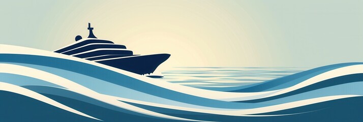 Aufkleber - A minimalist illustration of a sailboat silhouette on calm ocean waves at sunset. Generative AI