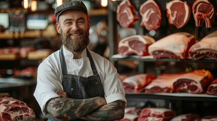 Wall Mural - A professional butcher in uniform, with a beard and a tattoo, standing in front of racks of fresh raw meat, smiling. Generative AI.