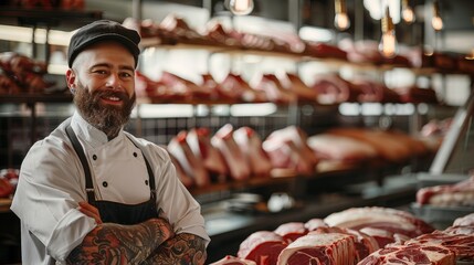 Wall Mural - A professional butcher in uniform, with a beard and a tattoo, standing in front of racks of fresh raw meat, smiling. Generative AI.