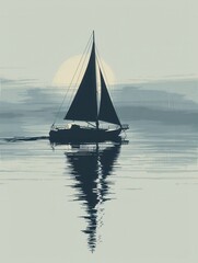 Poster - Minimalist illustration of a sailboat on calm water with the sun setting in the background. Generative AI