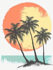 Poster - A simple and vibrant image of three palm trees against a beach and sunset. Generative AI