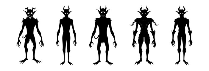 Wall Mural - Set of Black silhouettes of devil characters isolated on a white background. Concept of Halloween, fantasy creature, mythical demon, villainous imp, digital art. Print, illustration, design element