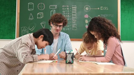 Wall Mural - Smart teacher explain idea while diverse children drawing mind map while group of diverse student working together to do class work. Attractive instructor teaching and talking about working. Pedagogy.