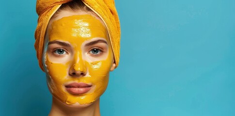 Wall Mural - A woman with a yellow face mask on. Woman over 35 uses turmeric mask for facial care at home. Concept Skincare, Natural Ingredients, Turmeric Benefits, Anti-aging, DIY Beauty