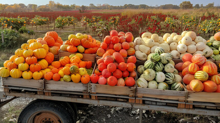 Wall Mural - Harvest different varieties watermelons, orange, green, yellow, white on pickup truck standing
