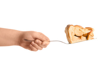 Wall Mural - Female hand holding spatula with piece of tasty homemade apple pie on white background