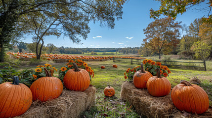 Wall Mural - Farm pumpkins, hay bales scarecrows preparing for fall festival. Clear blue sky autumn landscape