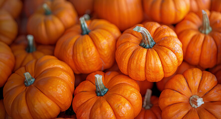 Wall Mural - Large pile orange pumpkins stacked together, background blurred to highlight detailed textures
