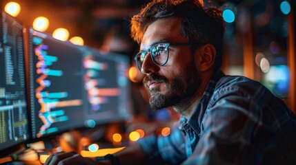A focused coder sits at a workstation, lines of code reflected on the screen, illuminated by ambient lighting in a modern office.
