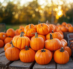 Wall Mural - Large pile orange pumpkins stacked together, background blurred to highlight detailed textures