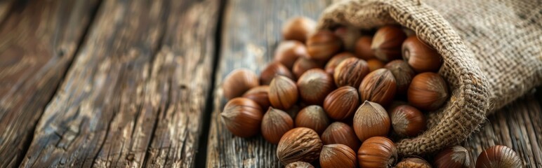 Wall Mural - Hazelnuts in burlap sack on rustic wooden table