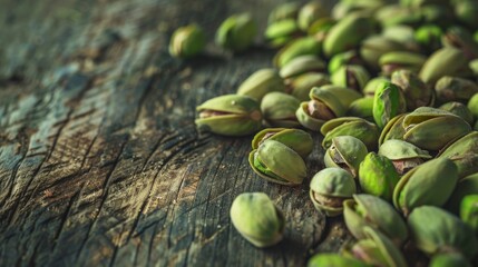 Pistachio nuts on rustic wooden surface, close-up