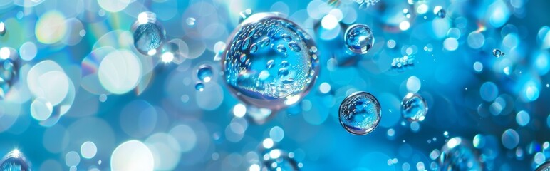 Wall Mural - Macro shot of blue water droplets with bokeh effect