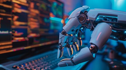 AI developer coding advanced artificial intelligence systems on a computer, focusing on machine learning algorithms and data analysis. Technology and innovation in artificial intelligence development.