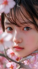 Wall Mural - Close-up of a young Japanese girl with a cherry blossom