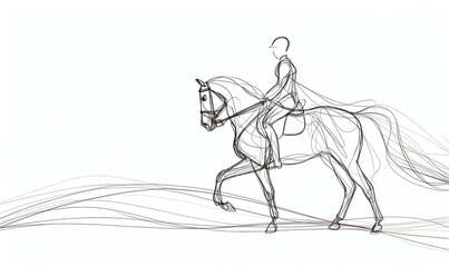 a one-line drawing of an equestrian rider on a horse with a white background.