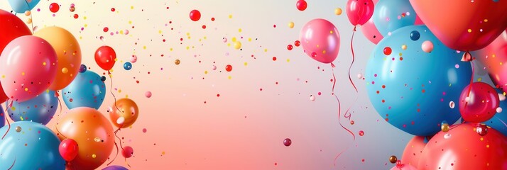 Poster - A vibrant backdrop featuring colorful balloons and confetti, perfect for companies selling party supplies and planning events. Generative AI