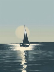 Aufkleber - A minimalist illustration of a sailboat silhouette sailing across calm waters under a setting sun. Generative AI