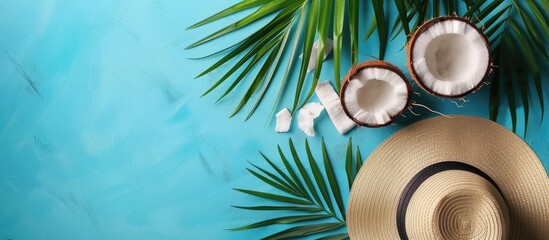 Poster - Summer-themed arrangement with tropical elements on a blue backdrop. Concept for summer with palm leaves, hat, and coconut arranged in a flat lay style.