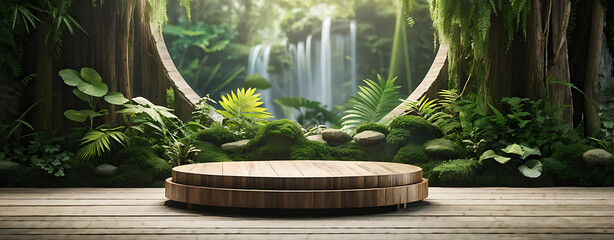  Background podium jungle product platform 3D green wood display pedestal. Background podium jungle tree nature leaf tropical cosmetic summer forest plant garden stage water presentation stone table. 