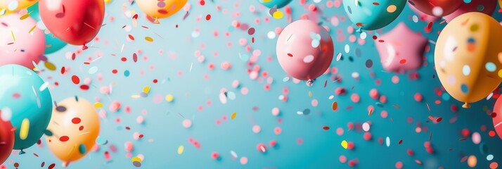 Poster - Colorful balloons, confetti, and a vibrant blue background create a cheerful scene perfect for companies hosting parties or promoting celebrations. Generative AI