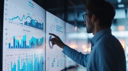 Wall Mural - late-night financial analyst presenting data on a digital whiteboard with graphs