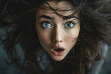 Young woman with long dark hair is making a surprised expression with open mouth and wide eyes