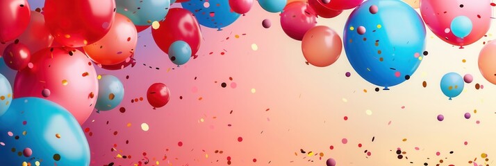 Poster - Colorful balloons and confetti falling against a pink and yellow background. Perfect for festive events, parties, and celebrations. Generative AI