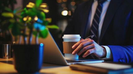 Wall Mural - close up of smart business man hands working on laptop at modern office. skilled project manager usi