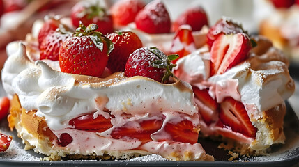 Wall Mural - Strawberry yogurt topped meringue cake shown in a sliced form