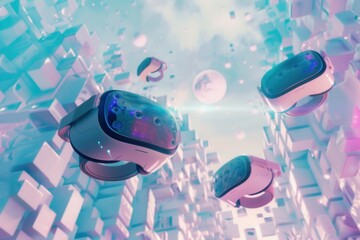 Poster - VR headsets and AR glasses float amidst a dreamy digital landscape, showcasing the immersive possibilities of virtual reality technology. Generative AI